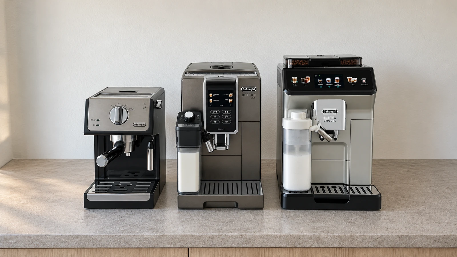 De'Longhi espresso machines lined up on a kitchen counter