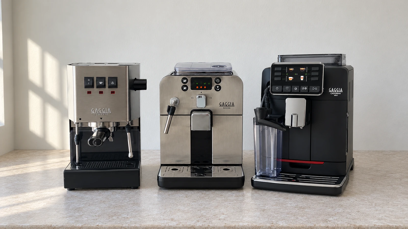 Gaggia espresso machines lined up, from Classic Pro to Cadorna