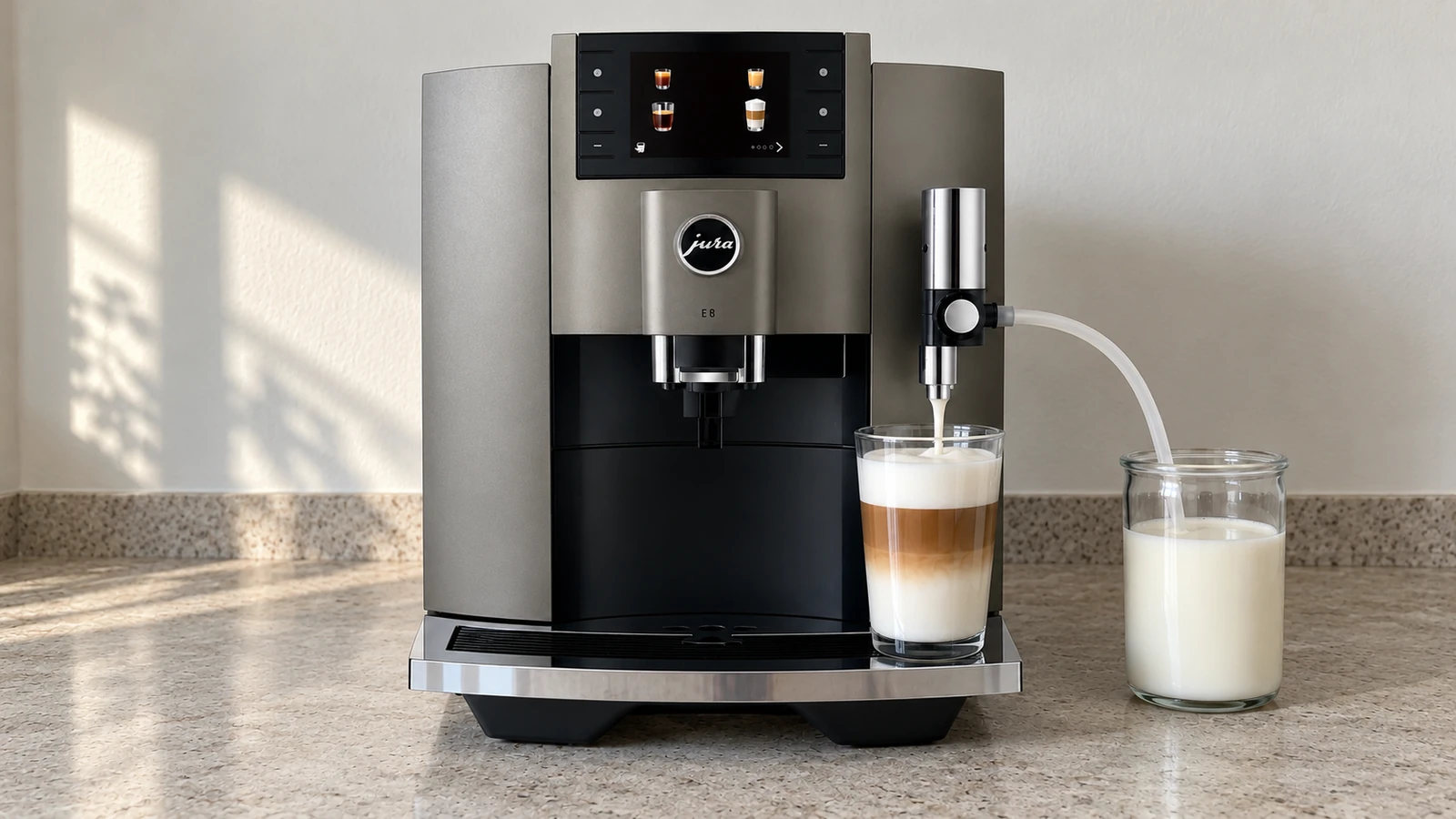 Jura super-automatic machine making a latte macchiato