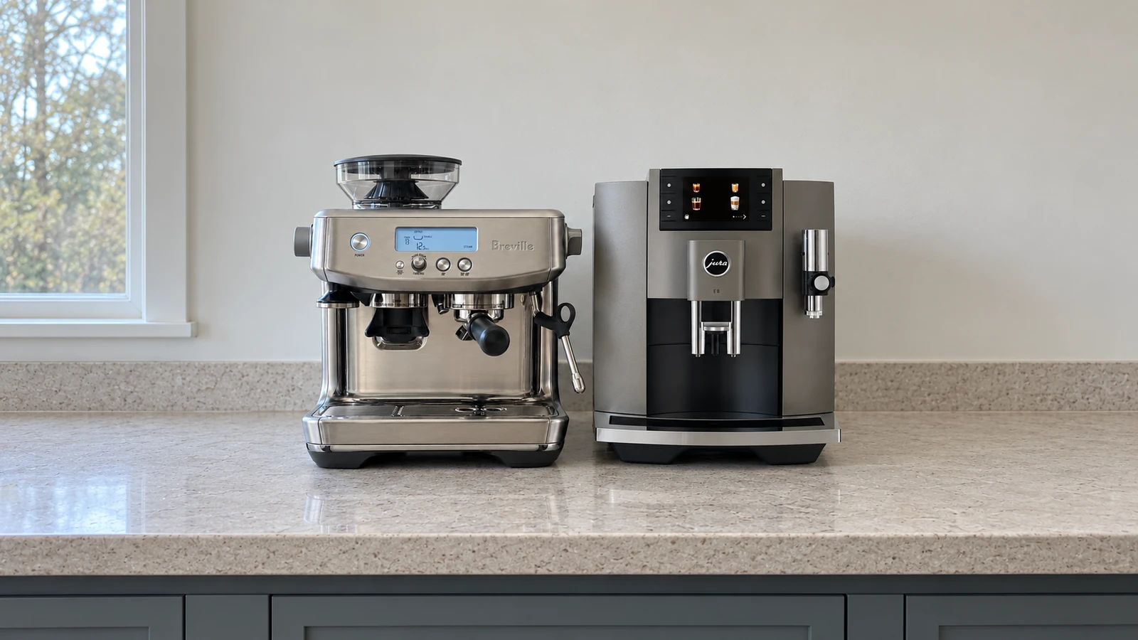 Semi-automatic and super-automatic espresso machines on a café counter