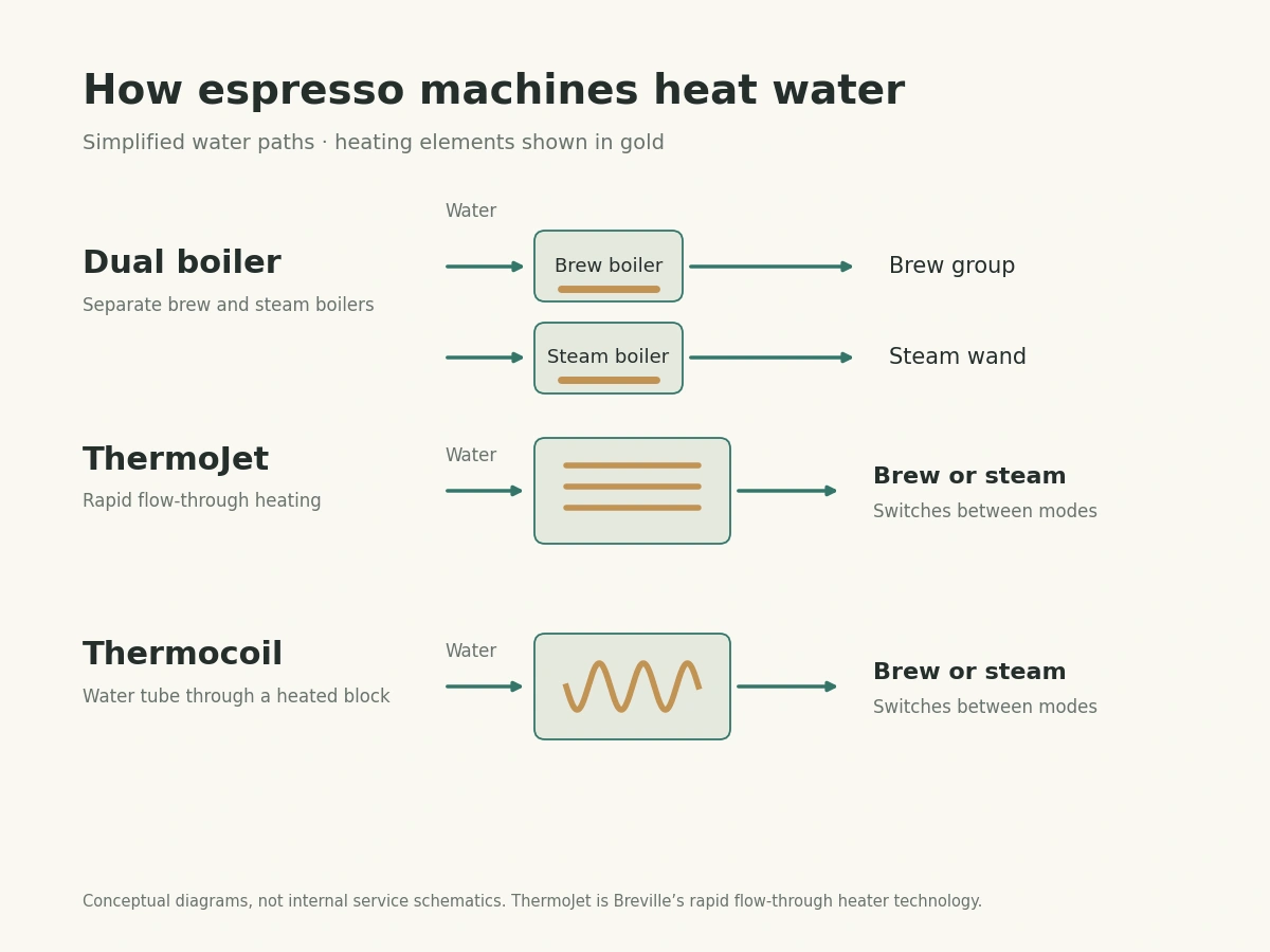 Diagram comparing dual boiler, ThermoJet and thermocoil heating